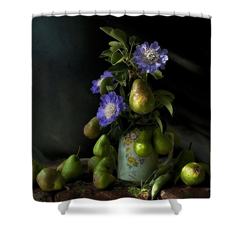 Chiaroscuro Shower Curtain featuring the photograph Poires Et Fleurs by Theresa Tahara