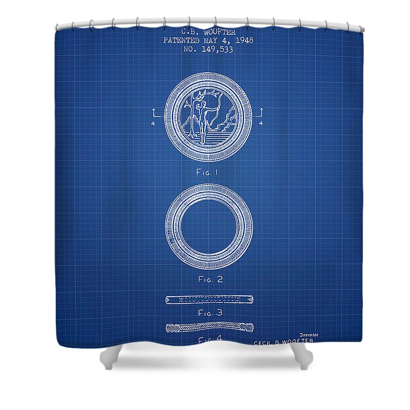 Poker Shower Curtain featuring the digital art Poker Chip Patent from 1948 - Blueprint by Aged Pixel