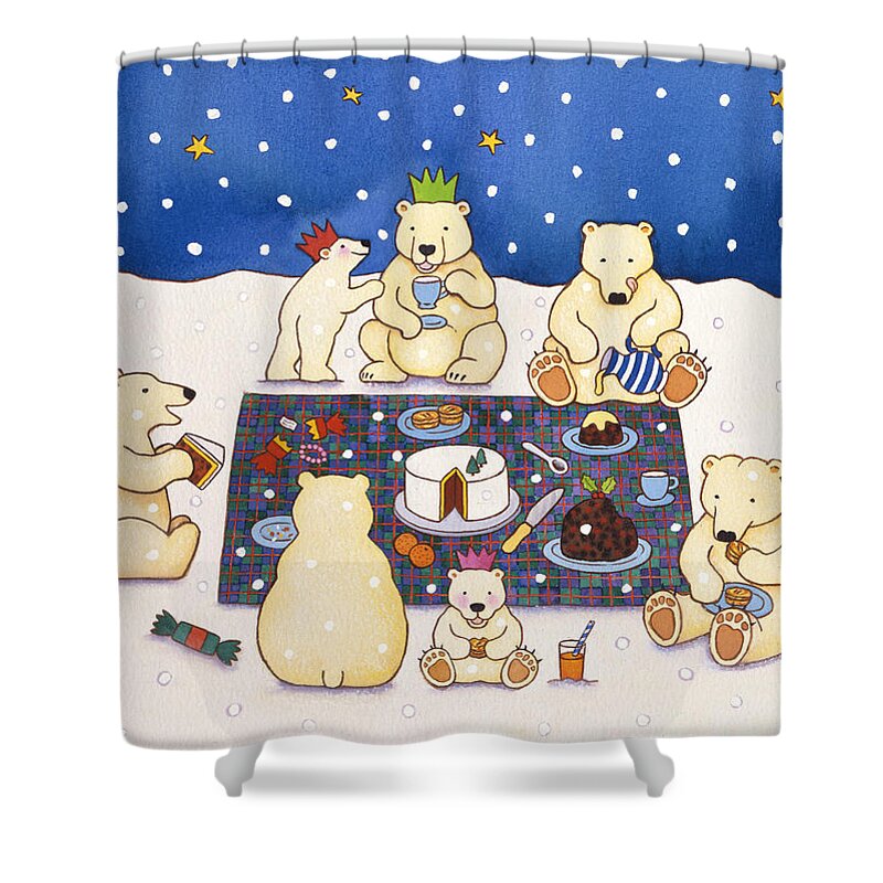 Christmas Shower Curtain featuring the painting Polar Bear Picnic by Cathy Baxter