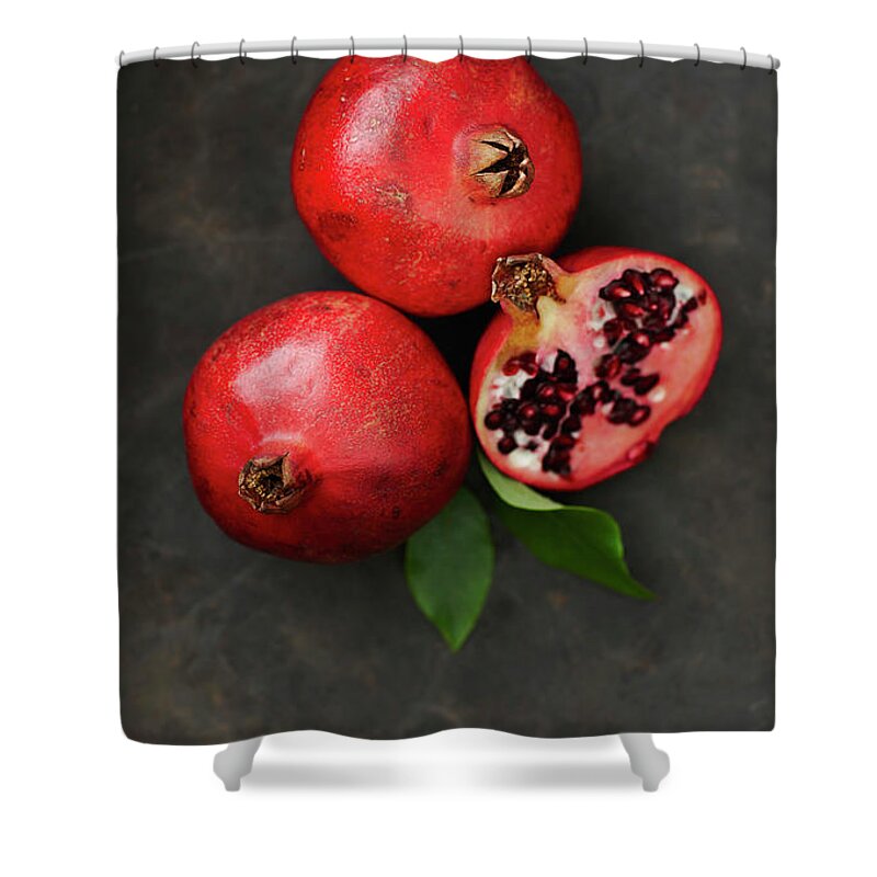 Pomegranate Shower Curtain featuring the photograph Pomegranates With Leaf, Close Up by Westend61