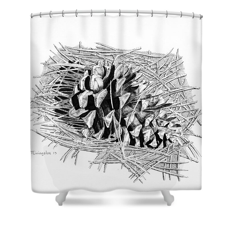 Pen Shower Curtain featuring the drawing Ponderosa Pine Cone by Timothy Livingston