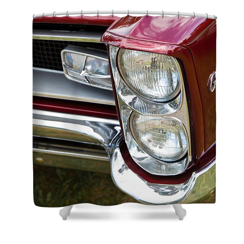 Custom Car Show Shine Classic Ford Blue Granum Alberta Canada Chrome Bumper Fender Detail American Automobile Antique Auto Shower Curtain featuring the photograph Pontiac detail by Mick Flynn