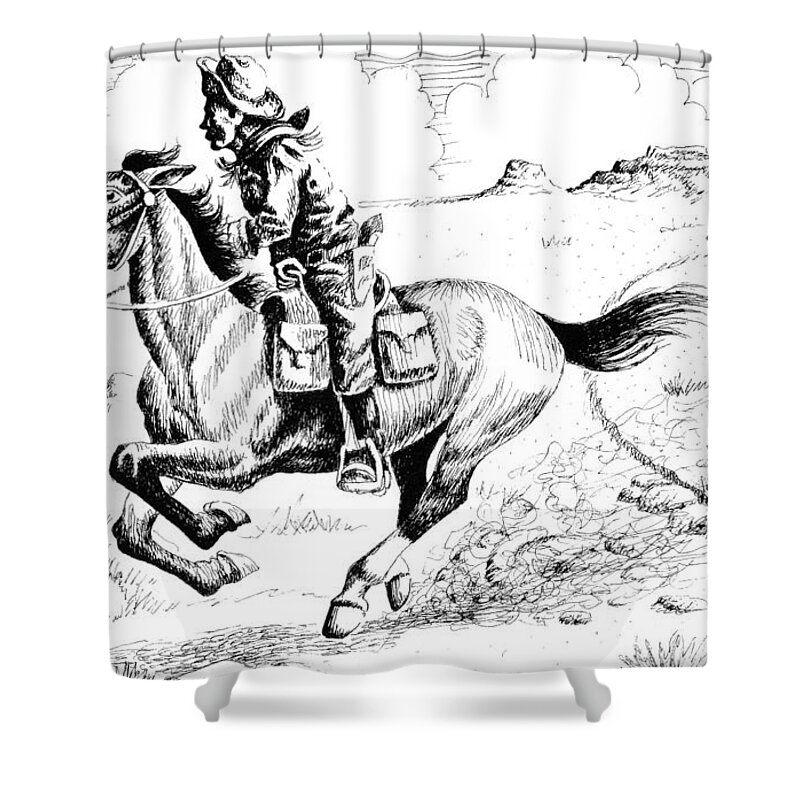 Art Shower Curtain featuring the drawing Pony Express Rider by Bern Miller