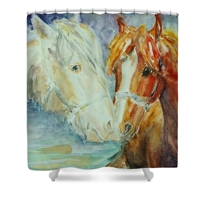 Horse Shower Curtain featuring the painting Pony Friendship For Life by Barbara Pommerenke
