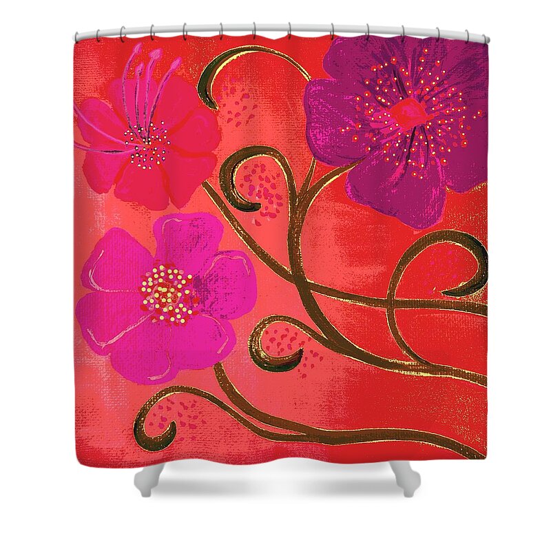 Digitized Shower Curtain featuring the painting Pop Spring Purple Flowers by Linda Bailey