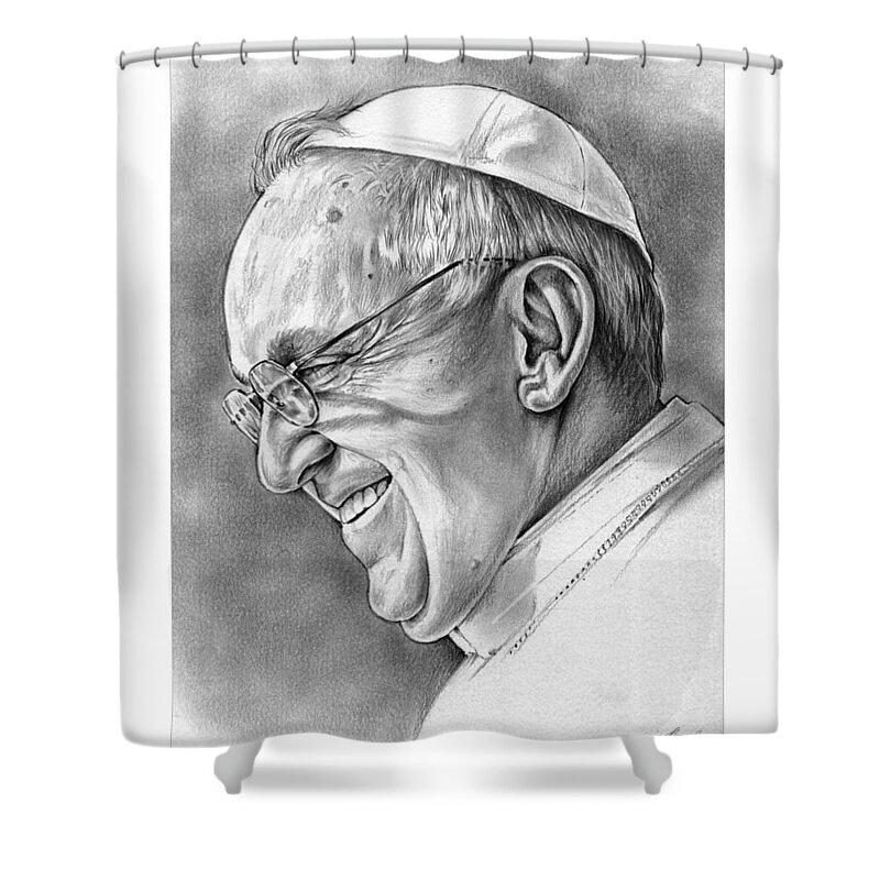 Celebrities Shower Curtain featuring the drawing Pope Francis by Greg Joens