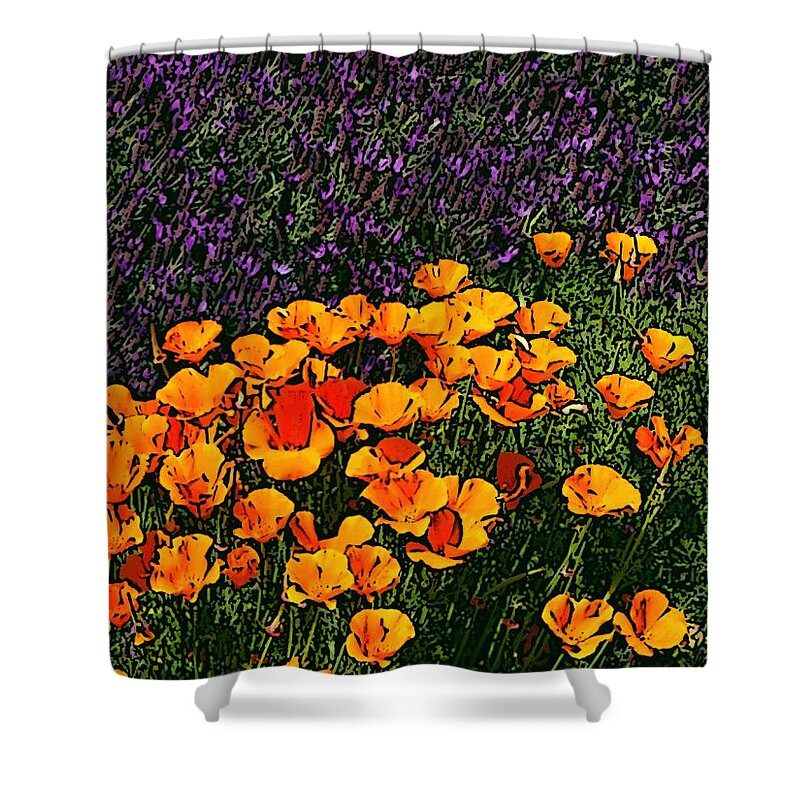Flowers Shower Curtain featuring the digital art Poppies and French Lavender by Ben Freeman