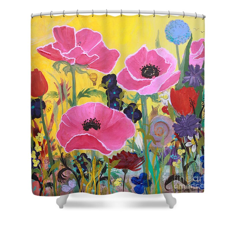 Poppies Shower Curtain featuring the painting Poppies and Time Traveler by Robin Pedrero