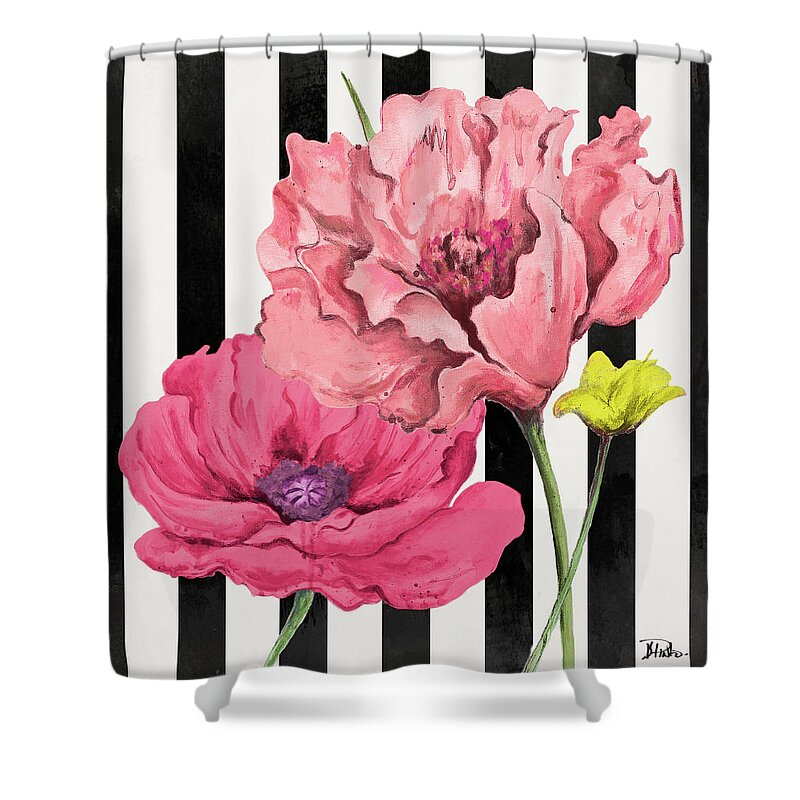 Poppies Shower Curtain featuring the digital art Poppies On Stripes I by Patricia Pinto