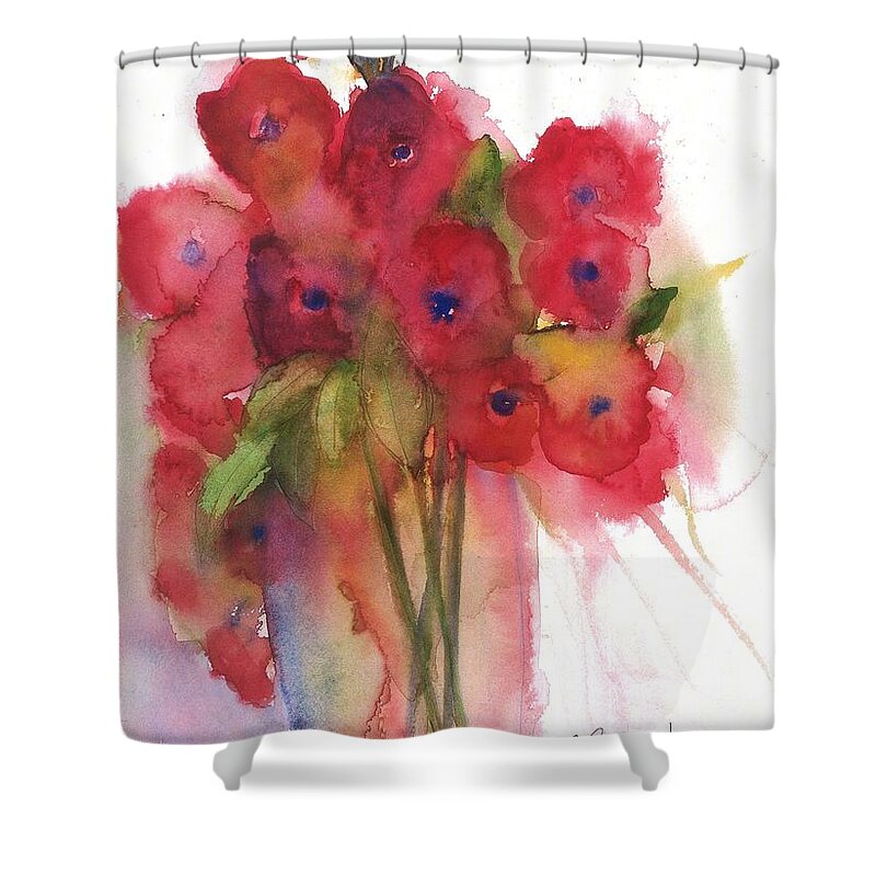 Red Poppies Shower Curtain featuring the painting Poppies by Sherry Harradence