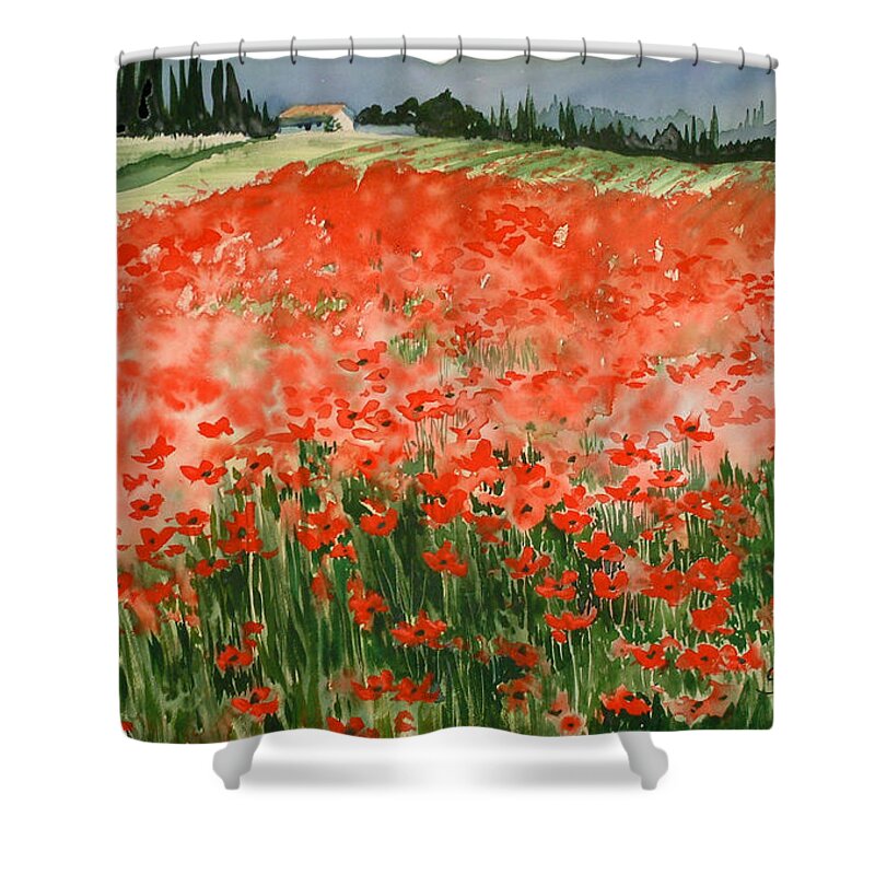 Watercolors Shower Curtain featuring the painting Poppy Field by Maryann Boysen
