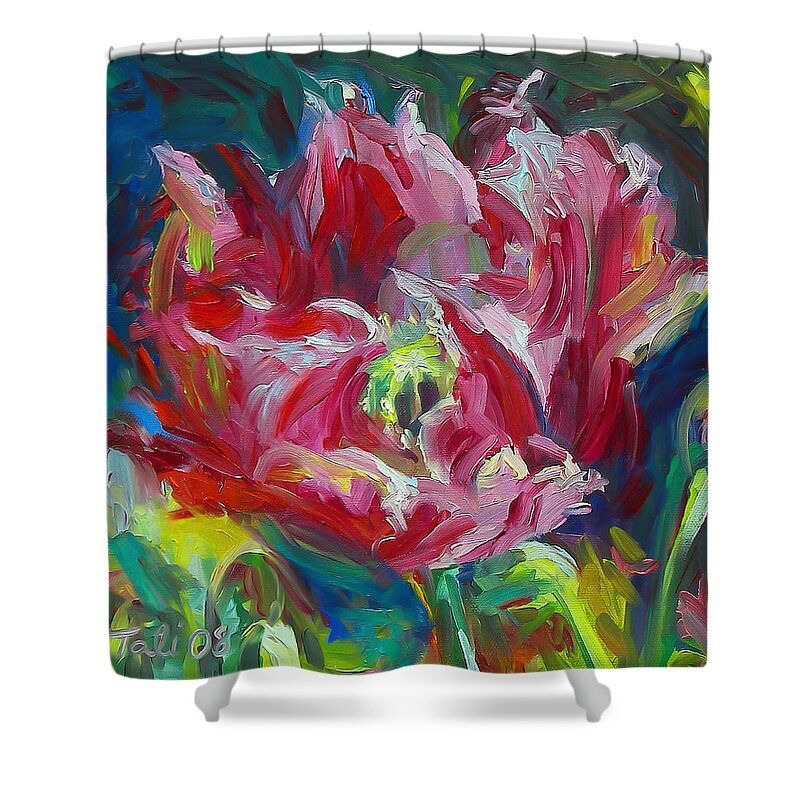 Red Shower Curtain featuring the painting Poppy's Secret by Talya Johnson