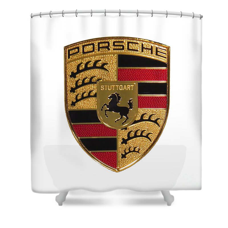 Porsche Shower Curtain featuring the photograph Porsche - Emblem White by Scott Cameron