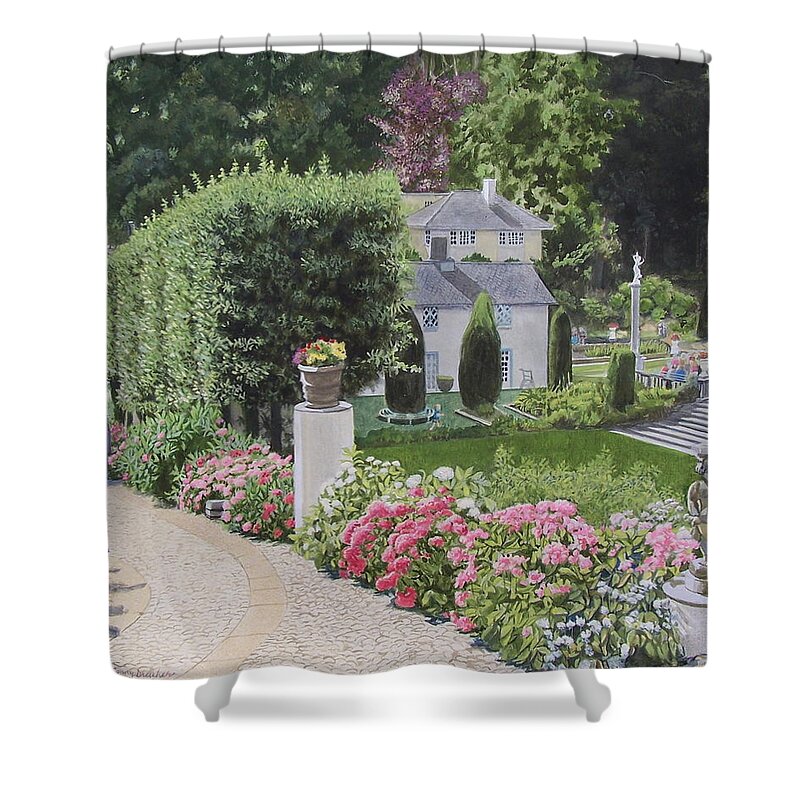 Green Shower Curtain featuring the mixed media Port Meirion in Wales by Constance Drescher