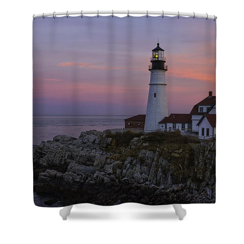 Sunset Shower Curtain featuring the photograph Portland Head Lighthouse Sunset by Dave Files