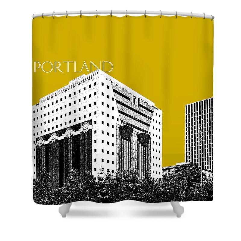 Architecture Shower Curtain featuring the digital art Portland Skyline Ficha Building - Gold by DB Artist