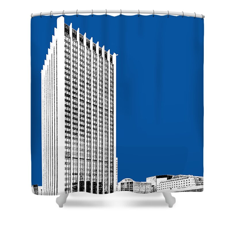 Architecture Shower Curtain featuring the digital art Portland Skyline Wells Fargo Building - Royal Blue by DB Artist