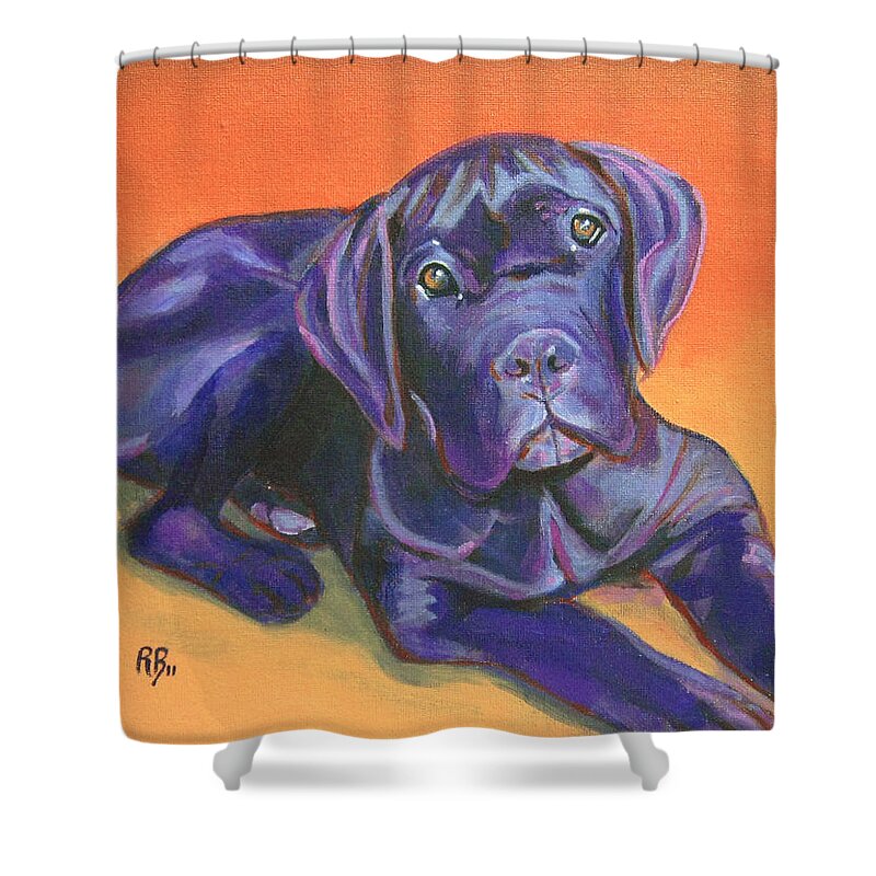 Black Shower Curtain featuring the painting Portrait of a Black Puppy of Cane Corso - Italian Mastiff by Robie Benve