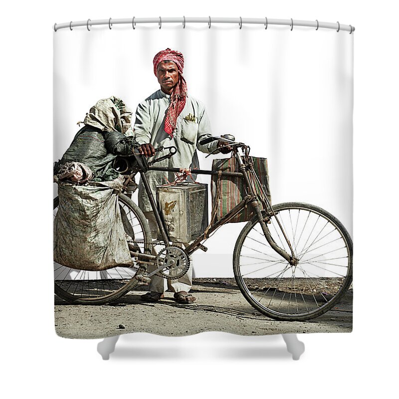 Asian And Indian Ethnicities Shower Curtain featuring the photograph Portrait Of A Man Carrying Recycled by Paper Boat Creative