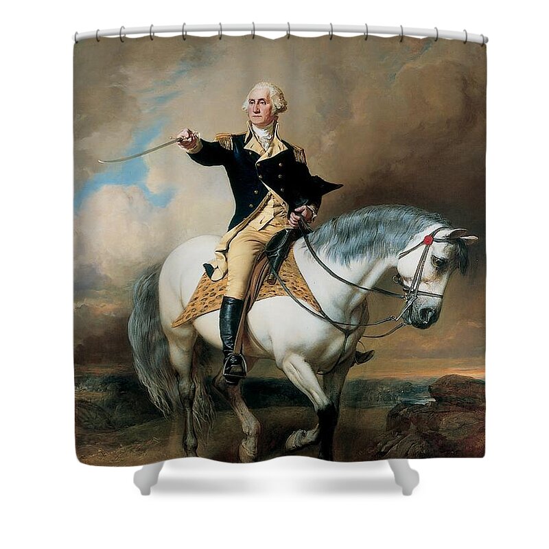 Portrait; War; Full Length; Equestrian; Salute; Saluting; Trenton; History; Historical; Heroic; Horse; Mounted; Horseback; Riding; Commander; Independence; President; Politician; Statesman; Us; Usa; United States; America; American; Leader; George Washington; Landscape; Sword; Uniform; Uniformed; Dramatic; Leadership; Strength; Power; 18th Shower Curtain featuring the painting Portrait of George Washington Taking The Salute At Trenton by John Faed