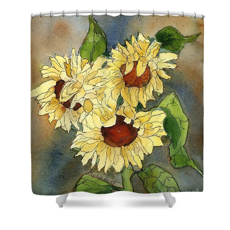 Sunflowers Shower Curtain featuring the painting Portrait of Sunflowers by Maria Hunt