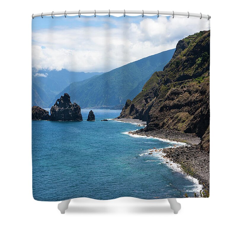 Water's Edge Shower Curtain featuring the photograph Portugal, View Of Rock Formations At by Westend61