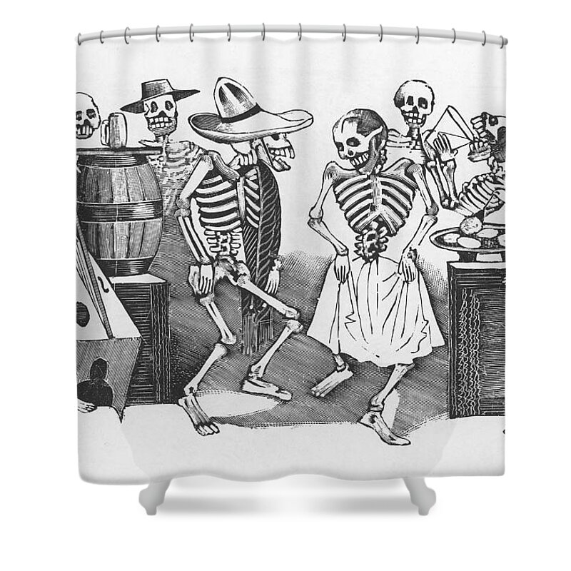19th Century Shower Curtain featuring the drawing Happy Dance and Wild Party of All the Skeletons by Jose Guadalupe Posada