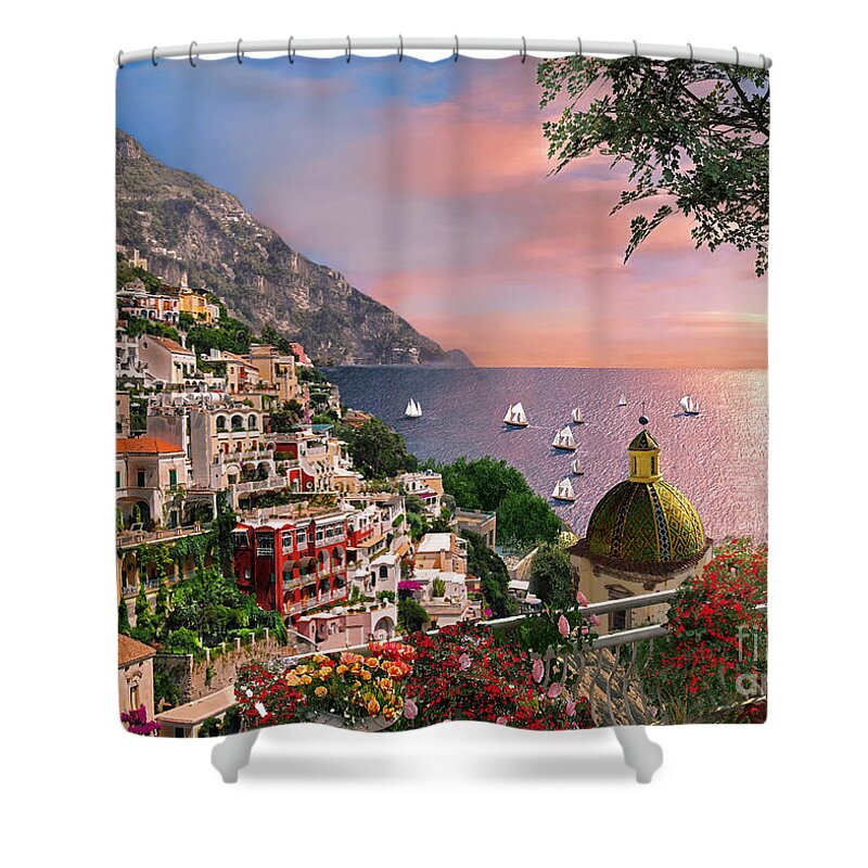 Positano Shower Curtain featuring the digital art Positano by MGL Meiklejohn Graphics Licensing