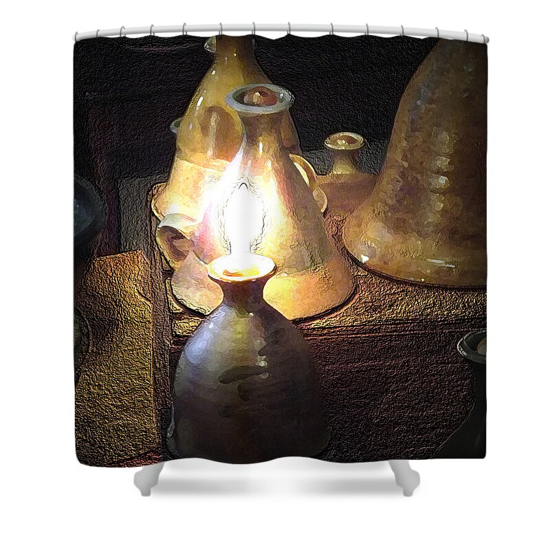 Ceramics Shower Curtain featuring the digital art Pottery Oil Lamp by Joyce Wasser