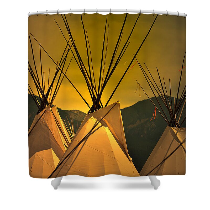 American Indian Shower Curtain featuring the photograph Powwow Camp at Sunrise by Kae Cheatham