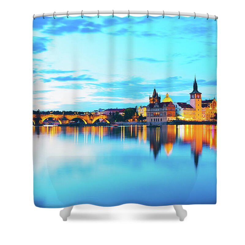 Scenics Shower Curtain featuring the photograph Prague Skyline At Twilight by Moreiso