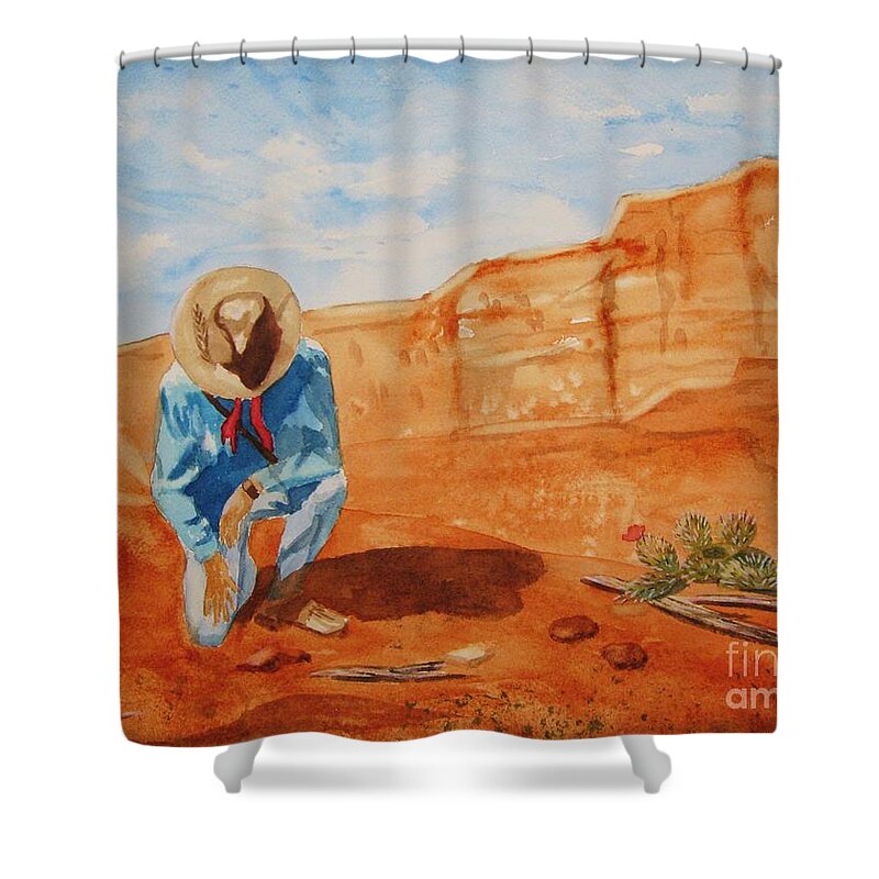 Sedona Shower Curtain featuring the painting Prayer for Earth Mother by Ellen Levinson