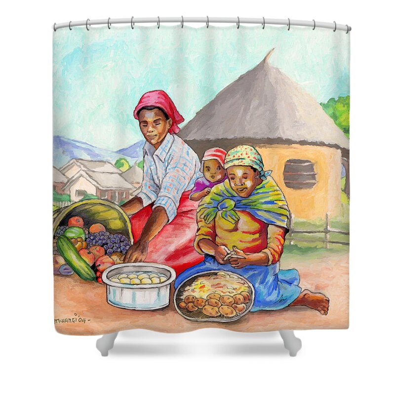 Food Shower Curtain featuring the painting Preparing Food by Anthony Mwangi