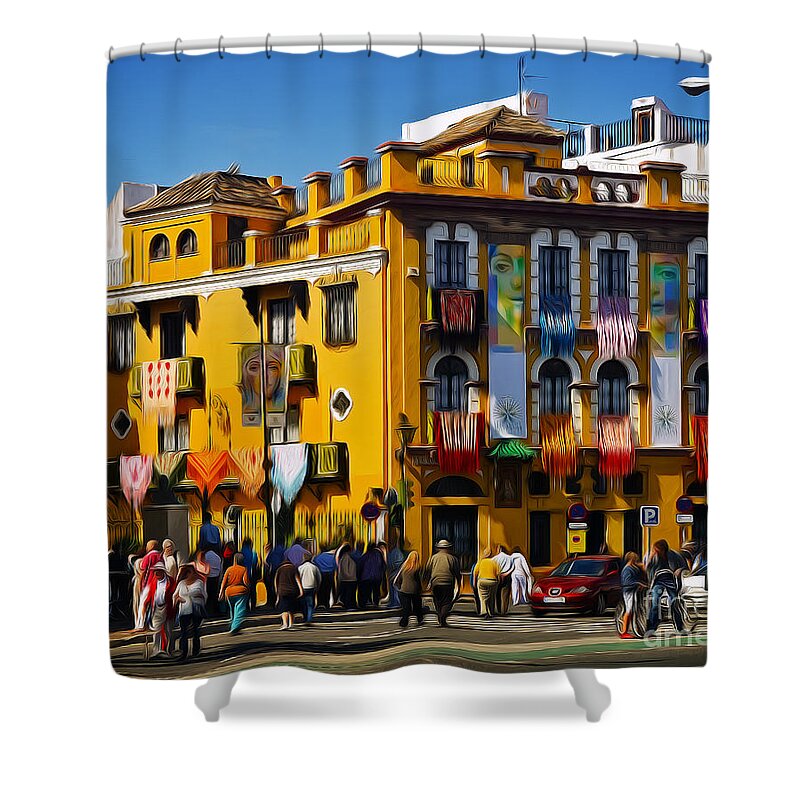 La Macarena Shower Curtain featuring the photograph Preparing for the Procession - Macarena by Mary Machare