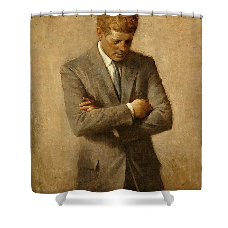 Kennedy Shower Curtain featuring the painting President John F. Kennedy Official Portrait by Aaron Shikler by Movie Poster Prints