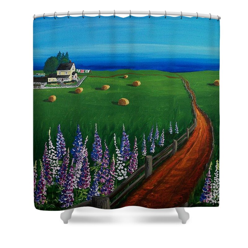 Prince Edward Island Shower Curtain featuring the painting Prince Edward Island Coastal Farm by Pat Davidson