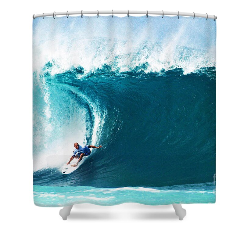 Kelly Slater Shower Curtain featuring the photograph Pro Surfer Kelly Slater Surfing in the Pipeline Masters Contest by Paul Topp