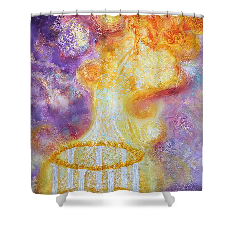 Prophetic Shower Curtain featuring the painting Prophetic MS 34 New Leader Treasure Restored by Anne Cameron Cutri