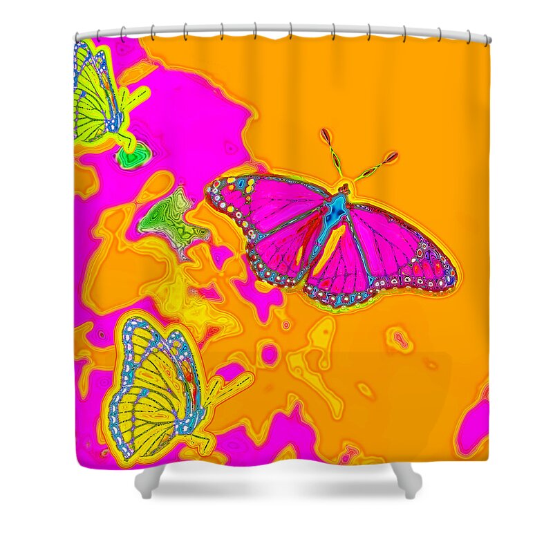 Pink Shower Curtain featuring the digital art Psychedelic Butterflies by Marianne Campolongo