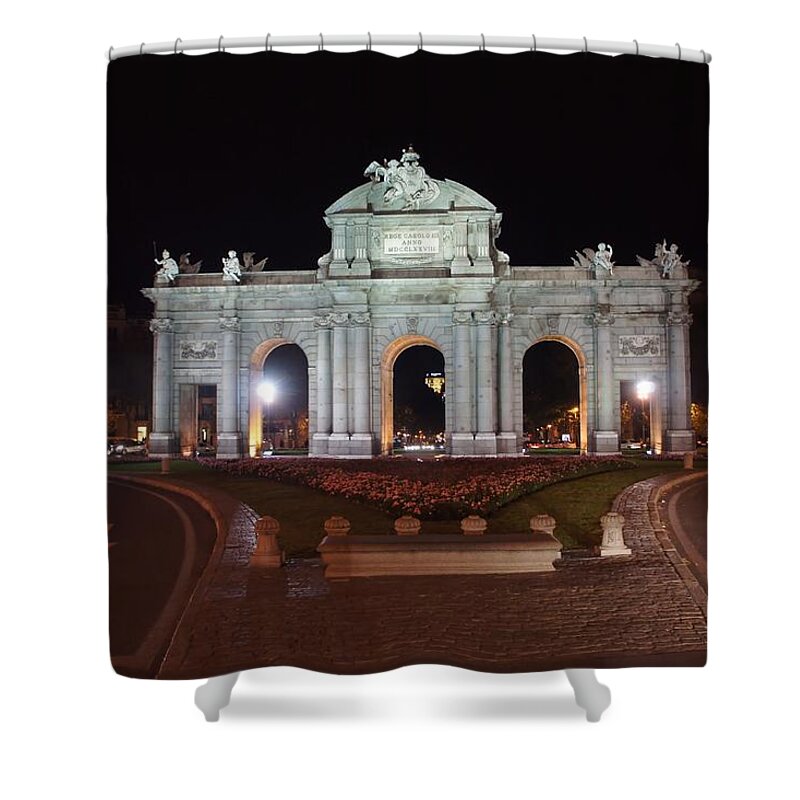 Madrid Shower Curtain featuring the photograph Puerta de Alcala at Night by Jenny Hudson