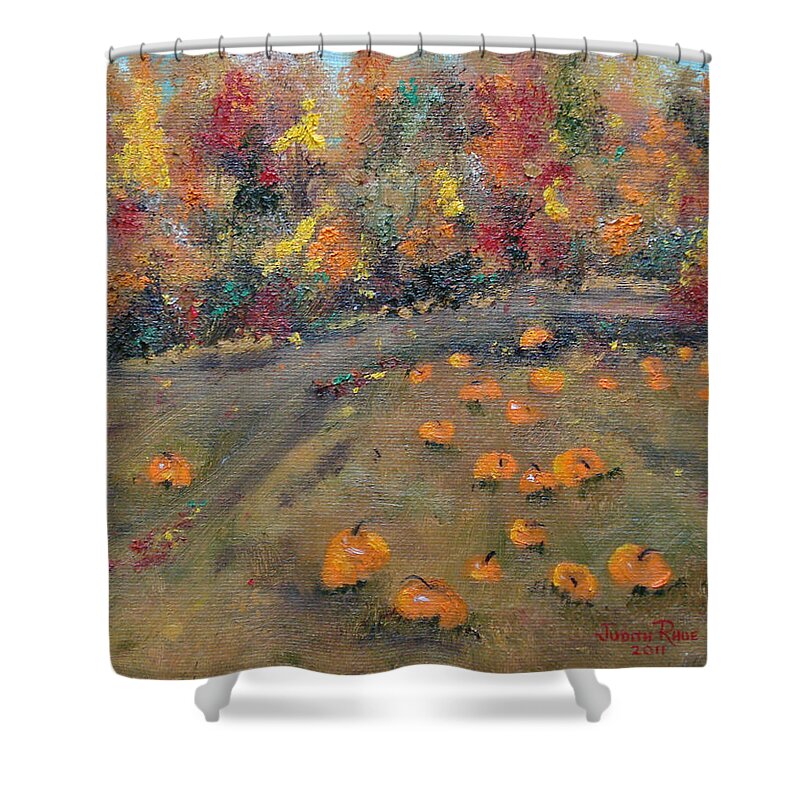 Pumpkins Shower Curtain featuring the painting Pumpkin Field by Judith Rhue
