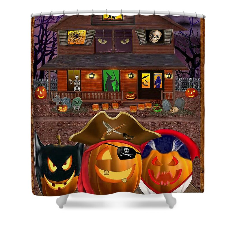Pumpkin Shower Curtain featuring the digital art Pumpkin Masquerade by Glenn Holbrook