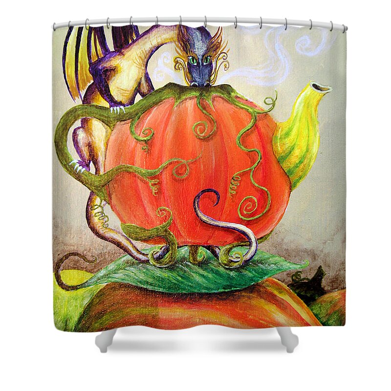 Dragon Shower Curtain featuring the painting Pumpkin Tea Dragon by Michelle Bien