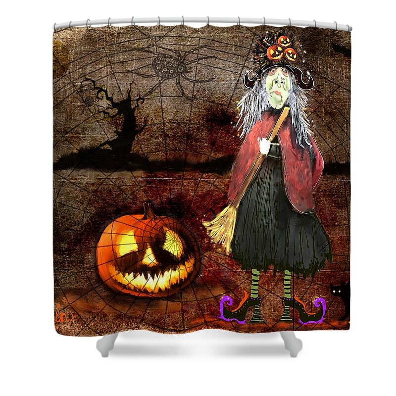 Halloween Shower Curtain featuring the painting Pumpkinella The Magical Good Witch and Her Magical Cat by Colleen Taylor