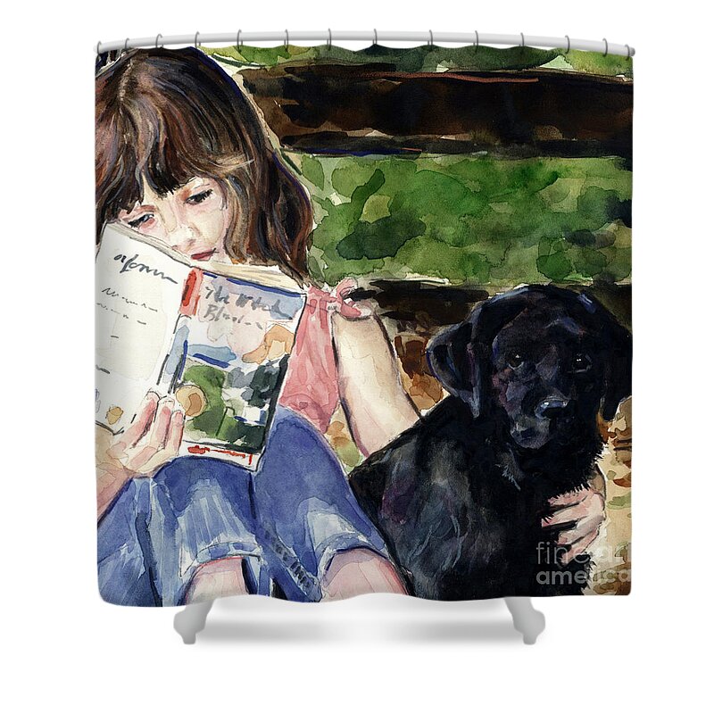 Black Lab Puppy Shower Curtain featuring the painting Pup and Paperback by Molly Poole