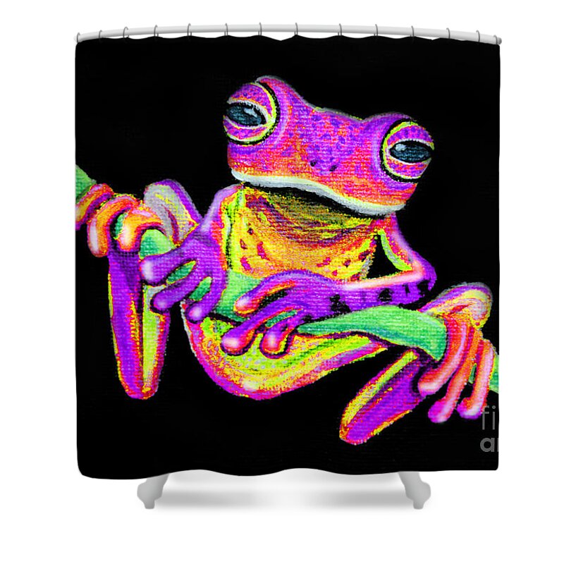 Purple Frog Shower Curtain featuring the painting Purple frog on a vine by Nick Gustafson