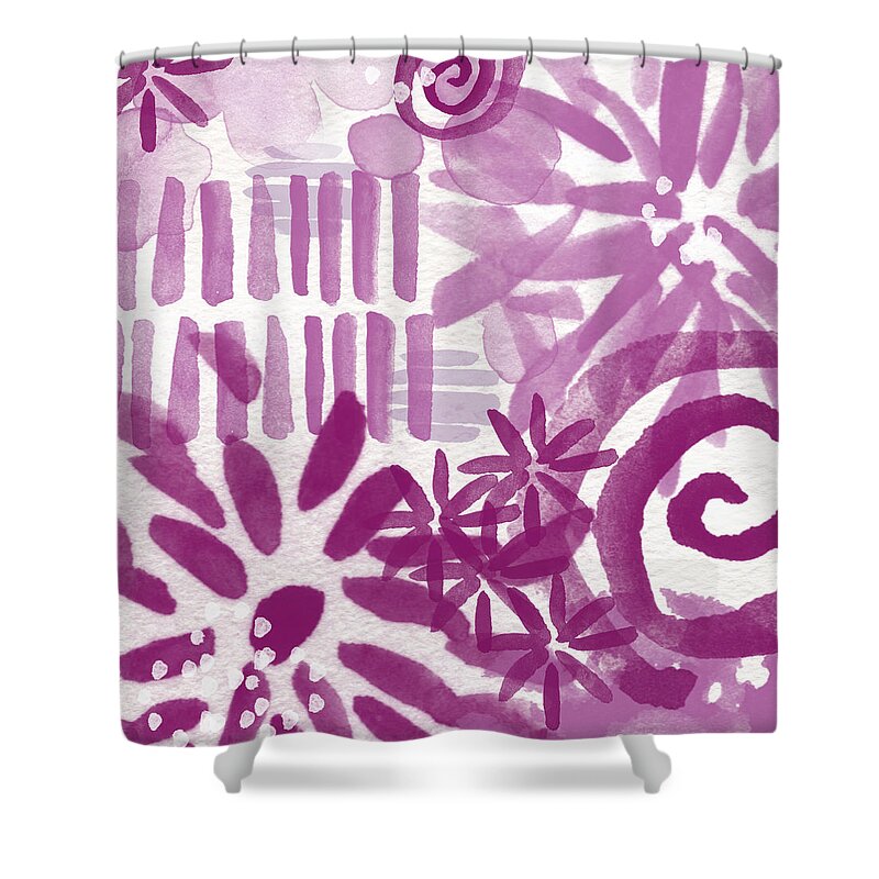 Purple And White Abstract Shower Curtain featuring the painting Purple Garden - Contemporary Abstract Watercolor Painting by Linda Woods