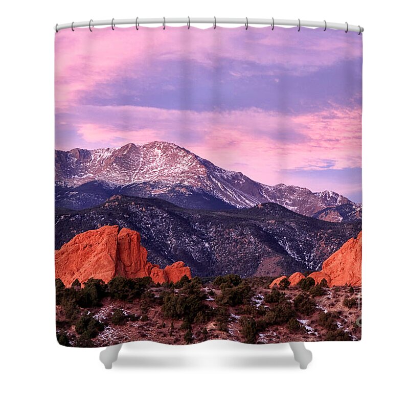 Pikes Peak Shower Curtain featuring the photograph Purple Skies over Pikes Peak by Ronda Kimbrow