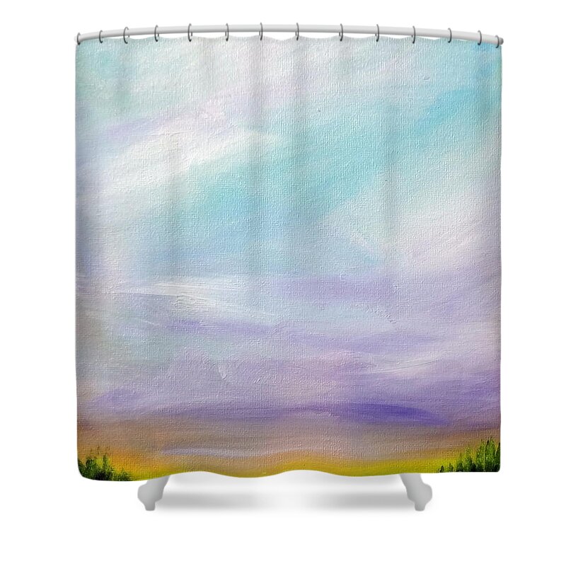 Sky Shower Curtain featuring the painting Purple Sky and Pine Forest by Katy Hawk