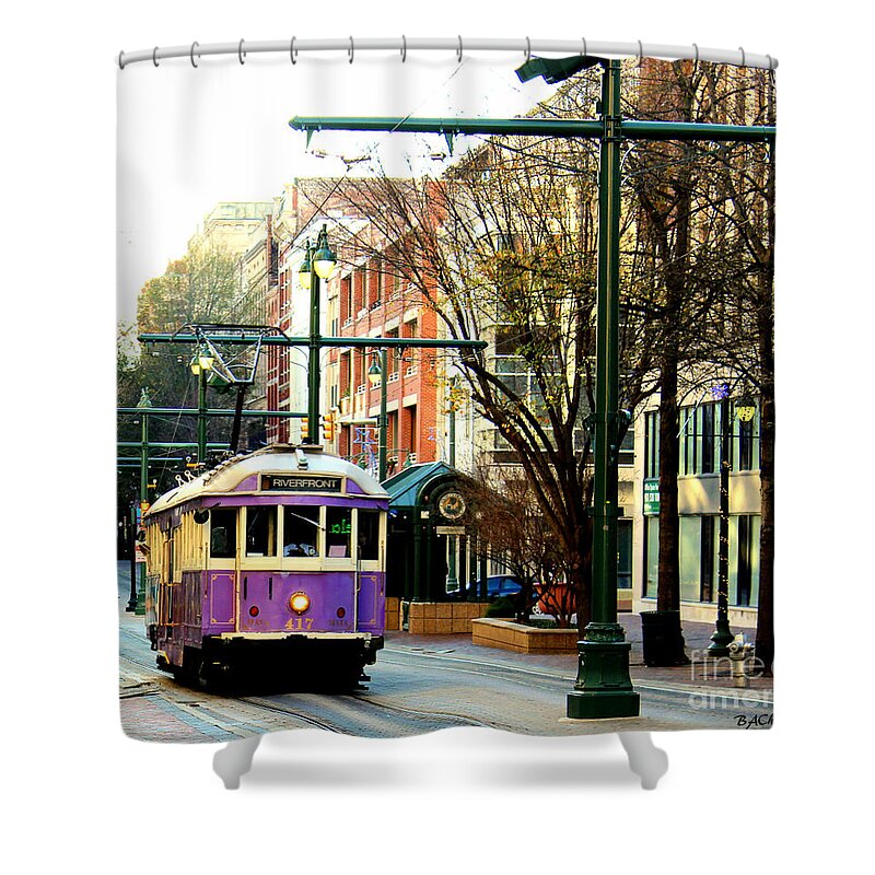 Street Car Shower Curtain featuring the photograph Purple Trolley by Barbara Chichester